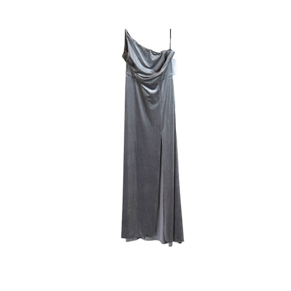 After Six One Shoulder Caviar Gray Velvet Gown Maxi Dress Size 12R NWT - Picture 2 of 6
